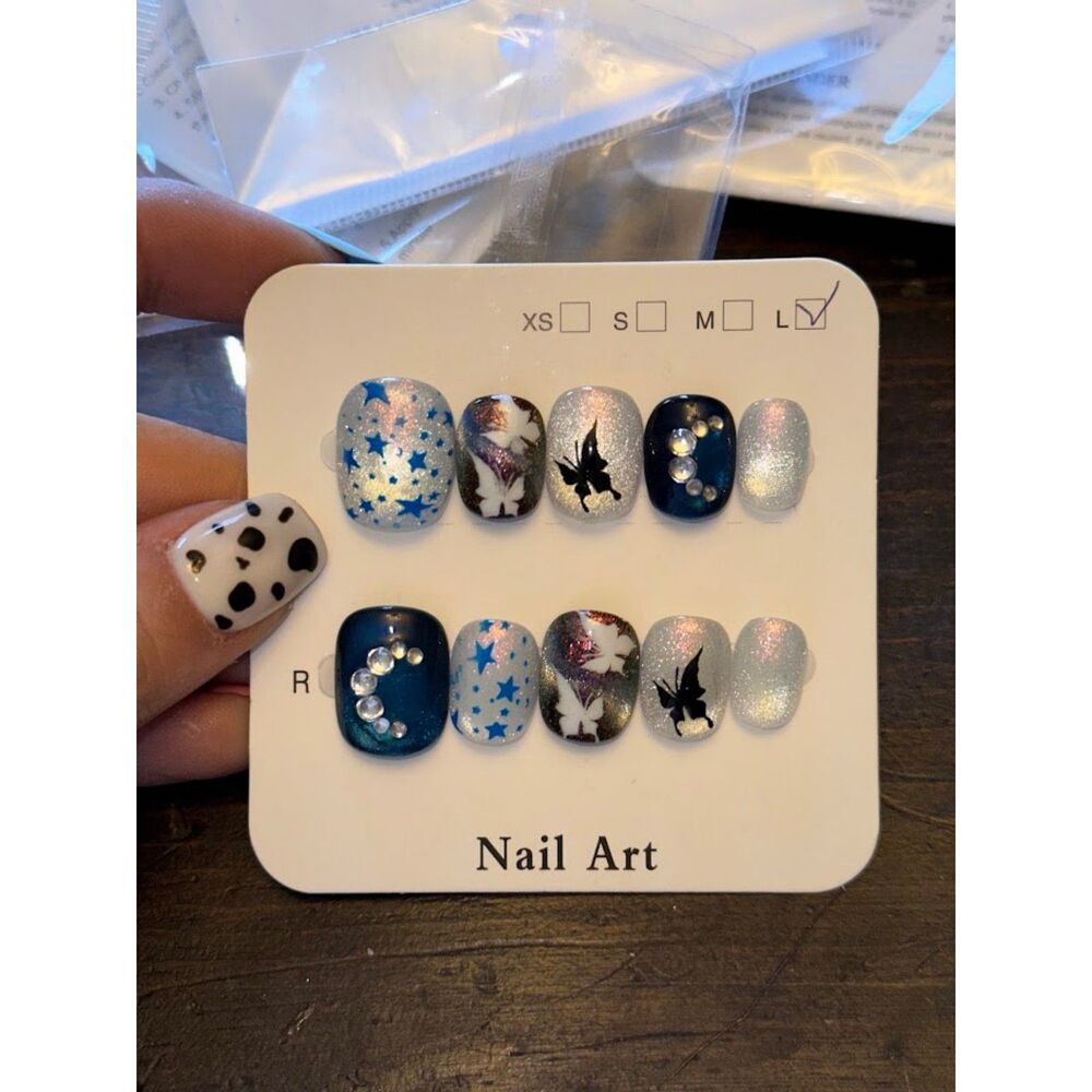 Blue & Silver Glitter Cateye Nubby Square Press On Nails Size Large